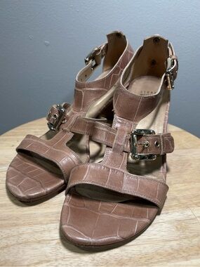 Stuart Weitzman Tan Croc-Embossed Leather Buckle Sandals